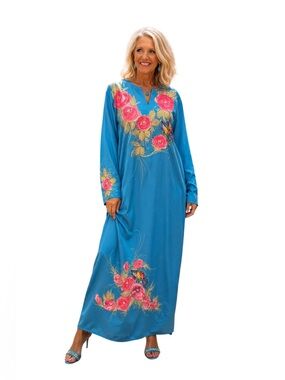 Blue Floral Hand Painted Caftan Size XL NWOT